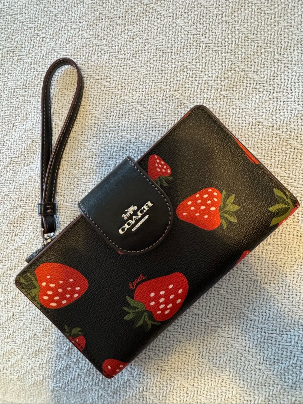 Coach Black Leather Wristlet with Red Strawberry Print